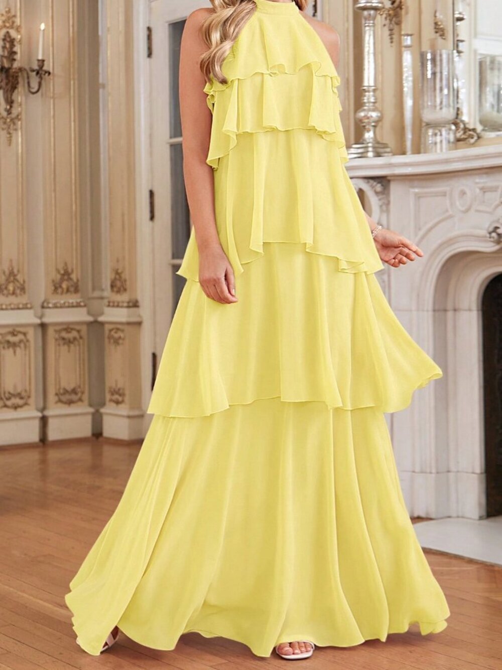 Yellow Elegant Women's Halter Neck Layered Ruffle Hem Dress
